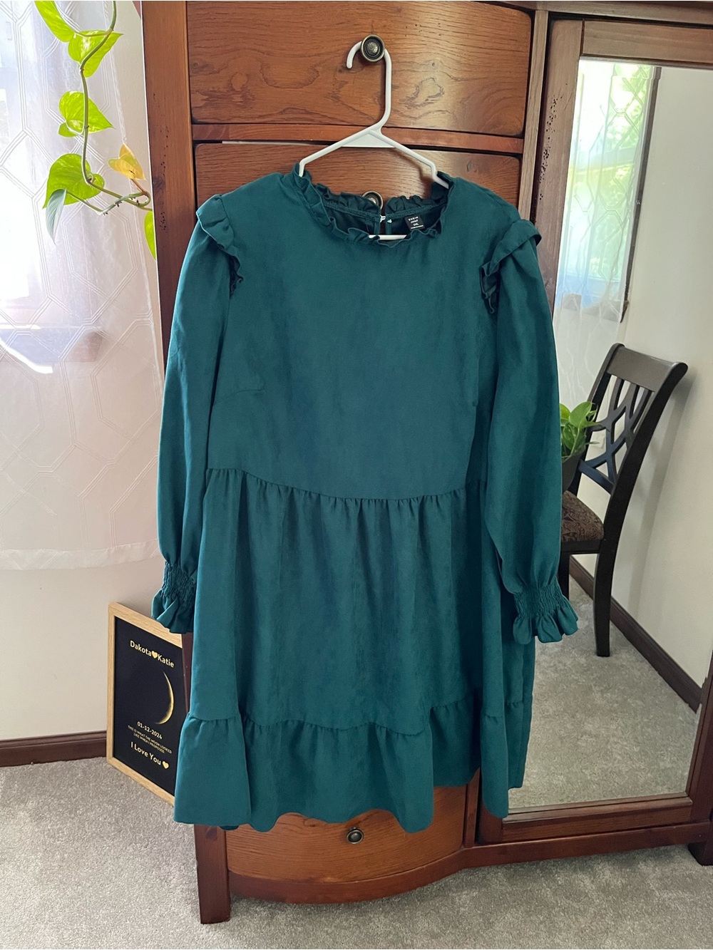 SHEIN Teal Long-Sleeve Ruffle Tiered Dress